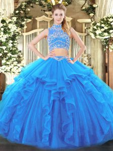 Affordable Baby Blue Tulle Backless Sweet 16 Dresses Sleeveless Floor Length Beading and Ruffles