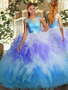  Multi-color Scoop Backless Lace and Ruffles Quinceanera Gowns Sleeveless