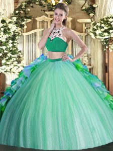 Popular Sleeveless Tulle Floor Length Backless Quinceanera Dresses in Multi-color with Beading and Ruffles