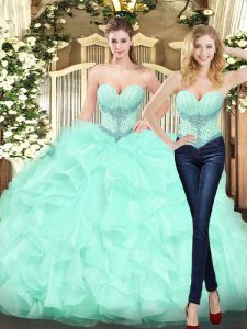  Apple Green Organza Lace Up Sweetheart Sleeveless Floor Length Sweet 16 Dresses Beading and Ruffles
