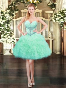 Top Selling Sleeveless Organza Mini Length Lace Up Prom Dress in Apple Green with Beading and Ruffles