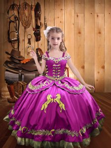  Fuchsia Lace Up Kids Formal Wear Beading and Embroidery Sleeveless Floor Length