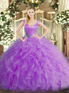 Beautiful Floor Length Zipper 15th Birthday Dress Lilac for Military Ball and Sweet 16 and Quinceanera with Ruffles