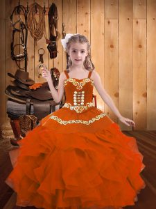 Cheap Orange Red Ball Gowns Embroidery and Ruffles Little Girls Pageant Dress Wholesale Lace Up Organza Sleeveless Floor Length