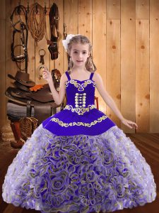 Cute Fabric With Rolling Flowers Straps Sleeveless Lace Up Embroidery and Ruffles Child Pageant Dress in Multi-color