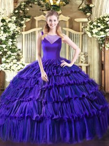 Best Sweetheart Sleeveless Quinceanera Gown Floor Length Beading and Ruffled Layers Purple Organza
