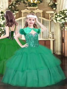 Nice Floor Length Lace Up Child Pageant Dress Turquoise for Party and Quinceanera with Beading and Ruffled Layers