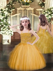 New Style Floor Length Gold Kids Pageant Dress Tulle Sleeveless Beading and Ruffles