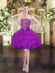  Purple Ball Gowns Organza Strapless Sleeveless Beading and Ruffles Mini Length Lace Up Homecoming Dress