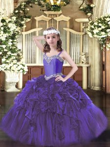  Floor Length Purple Kids Pageant Dress Straps Sleeveless Lace Up