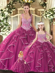 Exquisite Beading and Ruffles Quinceanera Gown Fuchsia Lace Up Sleeveless Floor Length