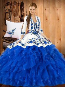 Super Blue 15th Birthday Dress Military Ball and Sweet 16 and Quinceanera with Ruffles Sweetheart Sleeveless Lace Up