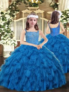  Straps Sleeveless Lace Up Little Girl Pageant Gowns Blue Organza