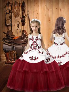 New Style Burgundy Straps Neckline Embroidery Child Pageant Dress Sleeveless Lace Up