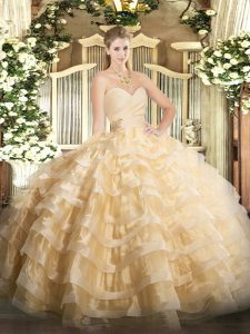 Hot Selling Champagne Sweetheart Lace Up Beading and Ruffled Layers Quinceanera Gowns Sleeveless