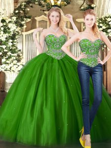 Flare Tulle Sweetheart Sleeveless Lace Up Beading Sweet 16 Dress in Dark Green