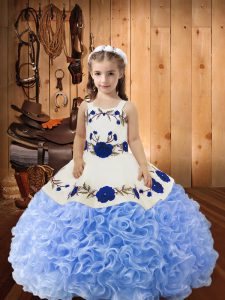  Lavender Fabric With Rolling Flowers Lace Up Little Girls Pageant Dress Sleeveless Floor Length Embroidery and Ruffles