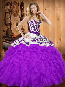 Stylish Sleeveless Tulle Floor Length Lace Up Sweet 16 Dress in Purple with Embroidery and Ruffles