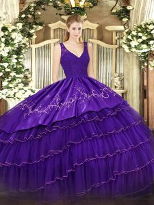 Lovely V-neck Sleeveless Backless Quince Ball Gowns Purple Organza and Taffeta