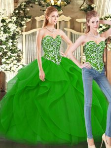 Simple Green Ball Gowns Sweetheart Sleeveless Organza Floor Length Lace Up Beading and Ruffles Sweet 16 Dresses