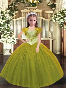  Olive Green Ball Gowns Tulle Straps Sleeveless Beading Floor Length Lace Up Party Dress for Toddlers