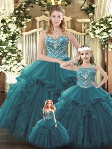 New Arrival Teal Organza Lace Up Sweet 16 Dress Sleeveless Floor Length Beading and Ruffles