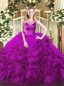 Noble Fuchsia Ball Gowns Beading Quinceanera Gowns Side Zipper Fabric With Rolling Flowers Sleeveless Floor Length