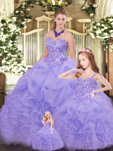 Superior Lavender Sleeveless Floor Length Beading and Ruffles Lace Up 15th Birthday Dress