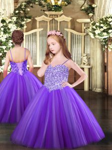  Ball Gowns Girls Pageant Dresses Lavender Spaghetti Straps Tulle Sleeveless Floor Length Lace Up