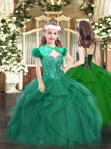 Custom Designed Straps Sleeveless Lace Up Child Pageant Dress Dark Green Tulle