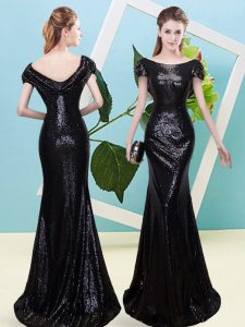  Floor Length Black Prom Evening Gown Sequined Cap Sleeves Sequins