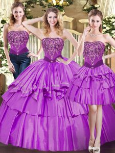Shining Floor Length Eggplant Purple Quinceanera Gowns Strapless Sleeveless Lace Up