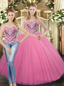  Rose Pink Lace Up Sweetheart Beading Vestidos de Quinceanera Tulle Sleeveless
