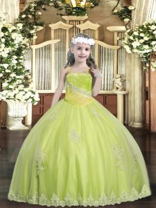 High Class Floor Length Yellow Green Teens Party Dress Tulle Sleeveless Appliques and Sequins