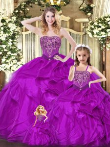  Sleeveless Floor Length Beading and Ruffles Lace Up Sweet 16 Quinceanera Dress with Fuchsia