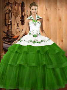 Chic Sweep Train Ball Gowns Sweet 16 Dress Green Halter Top Organza Sleeveless Lace Up