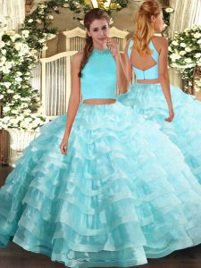  Sleeveless Floor Length Beading and Ruffled Layers Backless Sweet 16 Quinceanera Dress with Aqua Blue