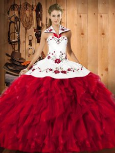 Charming Sleeveless Floor Length Embroidery and Ruffles Lace Up 15th Birthday Dress with Red