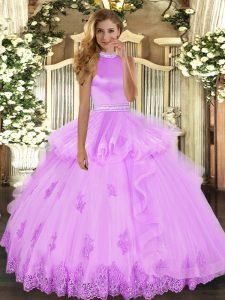 Custom Fit Halter Top Sleeveless 15th Birthday Dress Floor Length Beading and Ruffles Lilac Tulle