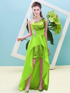 Yellow Green A-line One Shoulder Sleeveless Elastic Woven Satin and Sequined High Low Lace Up Beading and Sequins Dress for Prom