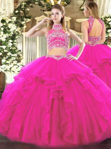 Stunning Sleeveless Beading and Ruffles Backless Quinceanera Gown