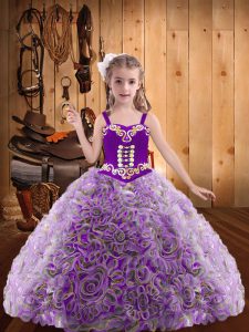 Custom Made Multi-color Ball Gowns Fabric With Rolling Flowers Straps Sleeveless Embroidery and Ruffles Floor Length Lace Up Womens Party Dresses