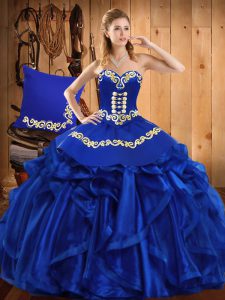  Floor Length Lace Up Sweet 16 Dresses Royal Blue for Military Ball and Sweet 16 and Quinceanera with Embroidery and Ruffles