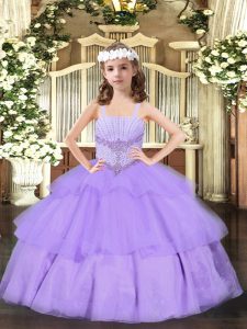  Floor Length Lace Up Little Girls Pageant Dress Lavender for Party and Quinceanera with Beading and Ruffled Layers