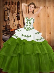 Suitable Olive Green Sweet 16 Dresses Military Ball and Sweet 16 and Quinceanera with Embroidery and Ruffled Layers Strapless Sleeveless Sweep Train Lace Up