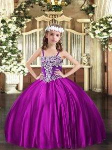 Trendy Fuchsia Sleeveless Satin Lace Up Little Girl Pageant Dress for Party and Quinceanera