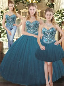  Teal Tulle Lace Up 15th Birthday Dress Sleeveless Floor Length Beading