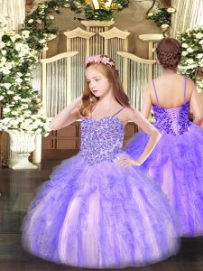  Lavender Lace Up Spaghetti Straps Appliques and Ruffles Party Dress Wholesale Organza Sleeveless