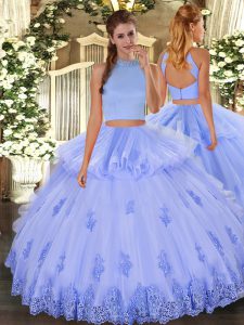 Dazzling Light Blue Tulle Backless Quinceanera Dress Sleeveless Floor Length Beading and Appliques and Ruffles