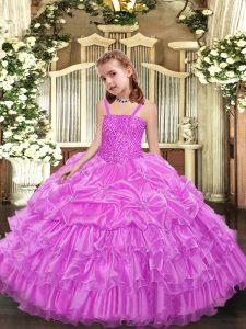  Floor Length Lace Up Girls Pageant Dresses Lilac for Party and Sweet 16 and Quinceanera and Wedding Party with Beading and Ruffled Layers and Pick Ups